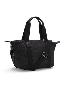 Black nylon tote bag with textured pattern, dual handles, an adjustable strap, and zippers. Features contrasting black accents.