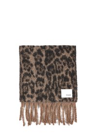 Schal mit Leopardenmuster in Beige und Schwarz, aus weichem Material, mit Fransen an den Rändern und einem kleinen weißen Etikett mit dem Markennamen.