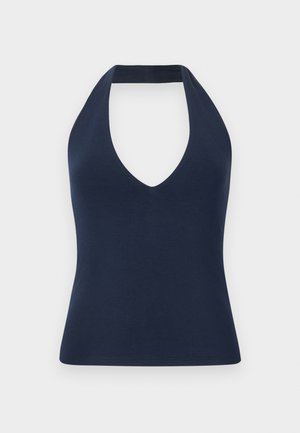 Navy blue halter top made from soft, stretchy fabric. Features a deep V neckline and a fitted silhouette with a smooth texture.