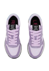Purple sneakers with a mix of textile and synthetic materials. Features laces, a white midsole, and black insoles with pink text.