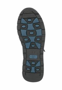 Black rubber shoe sole featuring blue grip accents, textured patterns, and a segmented design for traction; labeled "BLUE GRIP."