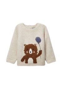 Pull crème à manches longues, orné d'un motif d'ours brun tenant un ballon bleu. Matière douce et texturée avec un col rond.