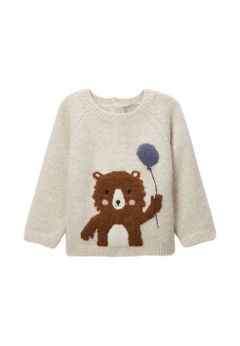 Pull crème à manches longues, orné d'un motif d'ours brun tenant un ballon bleu. Matière douce et texturée avec un col rond.