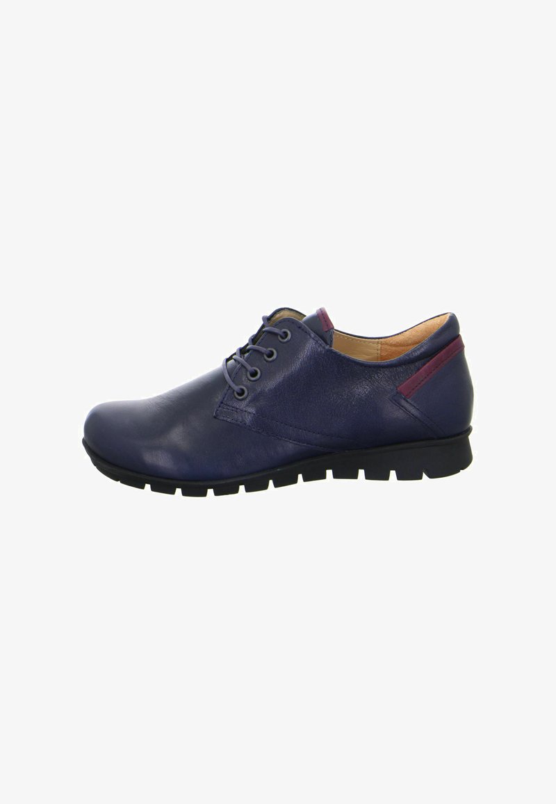 Navy blue leather shoe with a rounded toe, five eyelets for laces, and contrasting maroon accents on the heel. Textured surface, flexible sole.