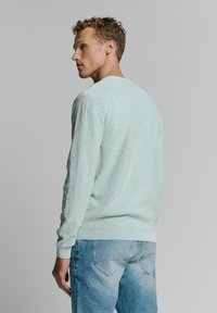 Lichtgroene, gestructureerde trui met lange mouwen en een geribbelde zoom. Draag het met lichtblauwe denim. Het achteraanzicht toont de casual pasvorm.