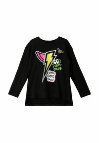 Zwarte langemouwen shirt met een bliksemflitsgrafiek in geel en roze, met de tekst "Good Vibes Only" en "You Got This!" in het wit.