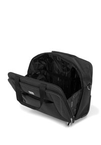Borsa per laptop nera con doppio manico superiore, chiusura con zip e un interno caratterizzato da una fodera a righe verticali e tasche organizzative.