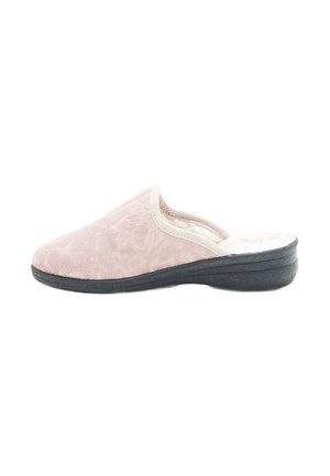 Pink slipper with a textured suede-like upper, elasticated edge, and a black rubber sole, featuring a low heel design for comfort.