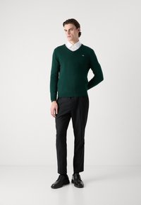 Pulover verde cu decolteu în formă de V, realizat dintr-un tricot texturat, asortat cu o cămașă albă cu guler și pantaloni negri. Pantofii negri cu șireturi completează ținuta.