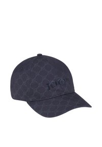 Navy-Cap mit gebogenem Schirm, strukturiertem Stoff mit Muster und "JOOP!"-Logo, verziert mit schimmernden Strasssteinen.