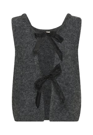 Grå stickad väst med rundad halsringning och öppen front, prydd med två svarta sammetsband för knäppning vid bröstet. Mjuk textur.
