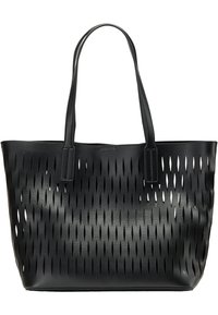 Zwarte tote bag met langgerekte diamantvormige uitsparingen en twee lange handvatten, gladde textuur, rechthoekige bodem en open bovenkant.