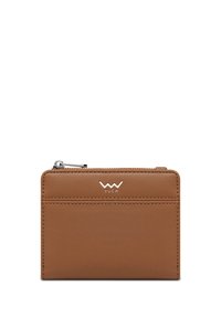 Brown leather wallet with a smooth texture, featuring a zipper closure and a logo. One card slot on the front. Compact design.