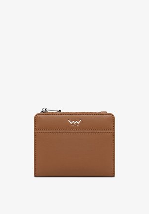 Brown leather wallet with a smooth texture, featuring a zipper closure and a logo. One card slot on the front. Compact design.