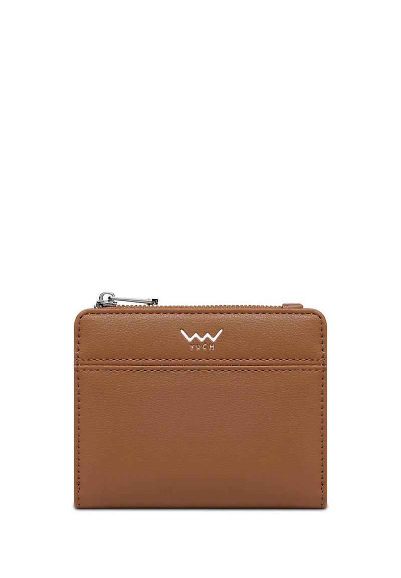 Brown leather wallet with a smooth texture, featuring a zipper closure and a logo. One card slot on the front. Compact design.