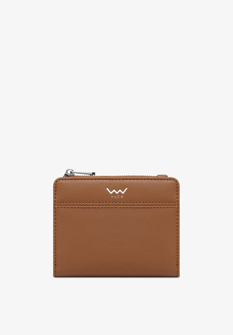 Brown leather wallet with a smooth texture, featuring a zipper closure and a logo. One card slot on the front. Compact design.