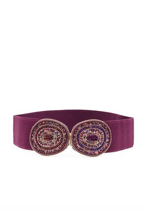 Ampia cintura elastica in un profondo bordeaux, caratterizzata da due ornamenti ovali in perline con motivi intricati in vari colori e dettagli dorati.