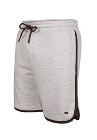 Pantaloni corti grigi in cotone con dettagli marroni, cintura con cordoncino, tasche laterali e un logo vicino all'orlo. Texture morbida con un design rilassato.