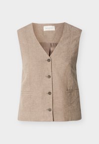 Μπεζ γιλέκο από λινό χωρίς μανίκια με V-λαιμόκοψη, τέσσερα κουμπιά στο μπροστινό μέρος, δύο πλαϊνές τσέπες με σχισμές και ορατή εσωτερική επένδυση υφάσματος.