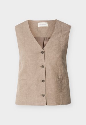 Beige ärmellose Leinenweste mit V-Ausschnitt, vier vorderen Knöpfen, zwei seitlichen Schlitztaschen und sichtbarem Innenfutter.