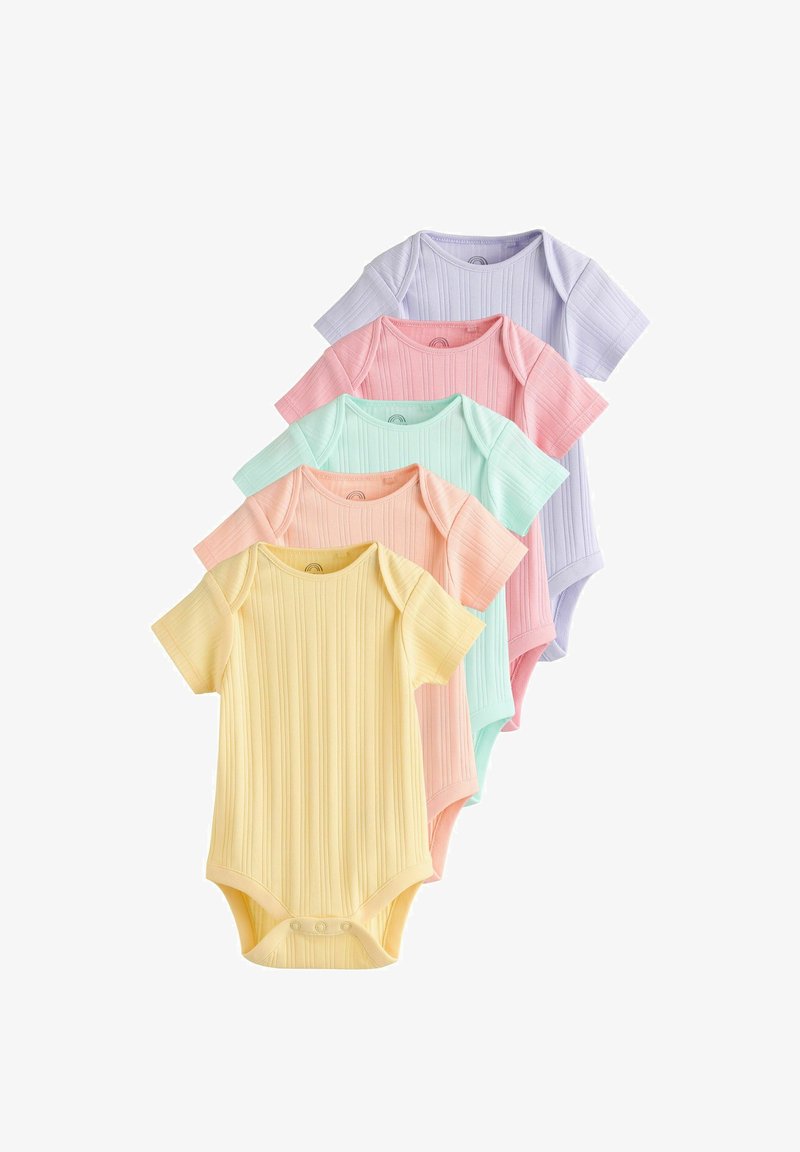 Viis lühikeste varrukatega bodysuiti pastellvärvides: kollane, roosa, piparmündiroheline, lavendli ja helesinine. Ribakujuline tekstuur koos nööpidega sulgemistega.