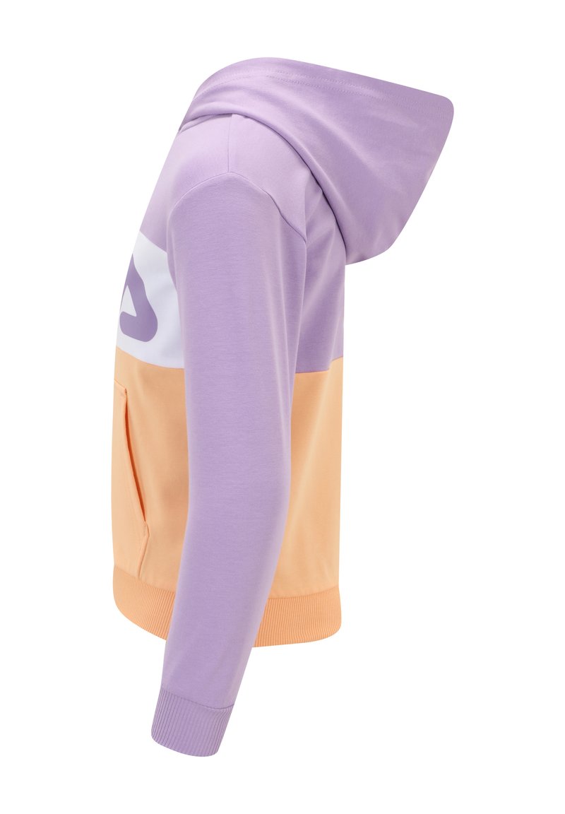 Felpa con cappuccio caratterizzata da una parte superiore viola e una parte inferiore pesca, realizzata in un morbido tessuto con polsini a costine e una tasca frontale.