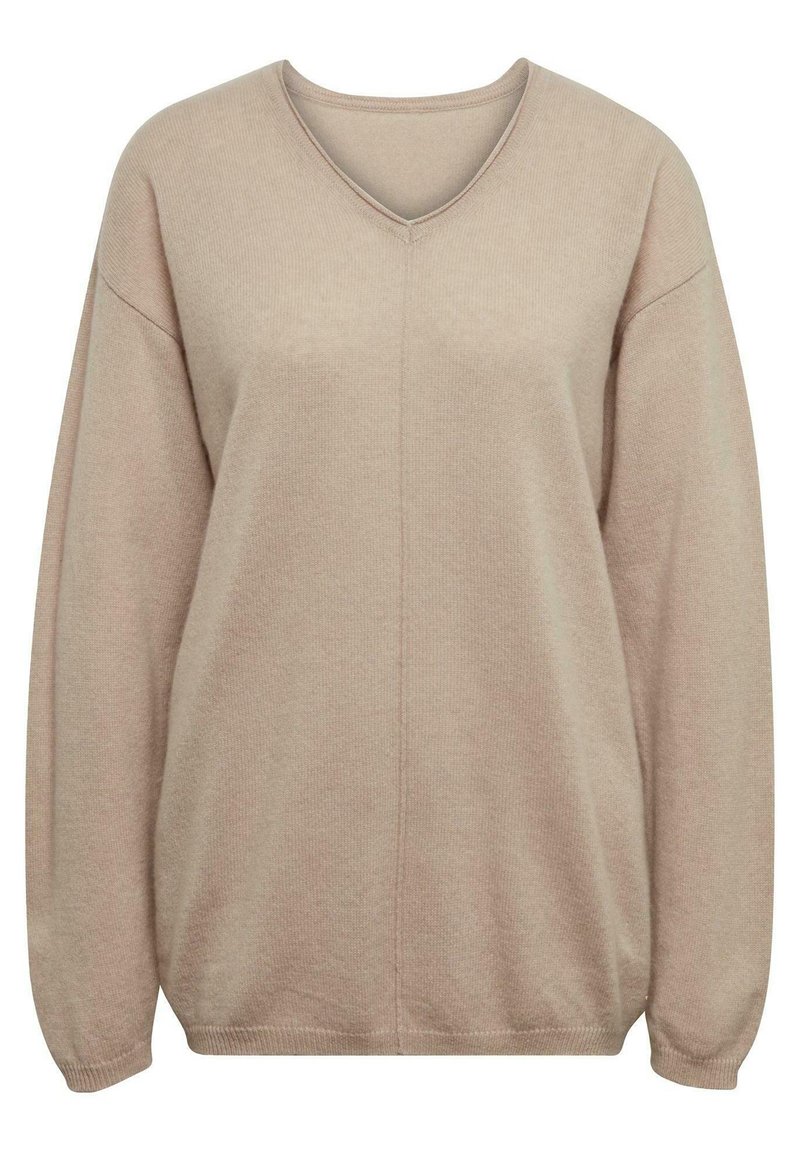 Beige V-Ausschnitt-Pullover aus weichem, strukturiertem Stoff mit herunterhängenden Schultern und gerippten Bündchen, mit einer zentralen Nahtdetails.