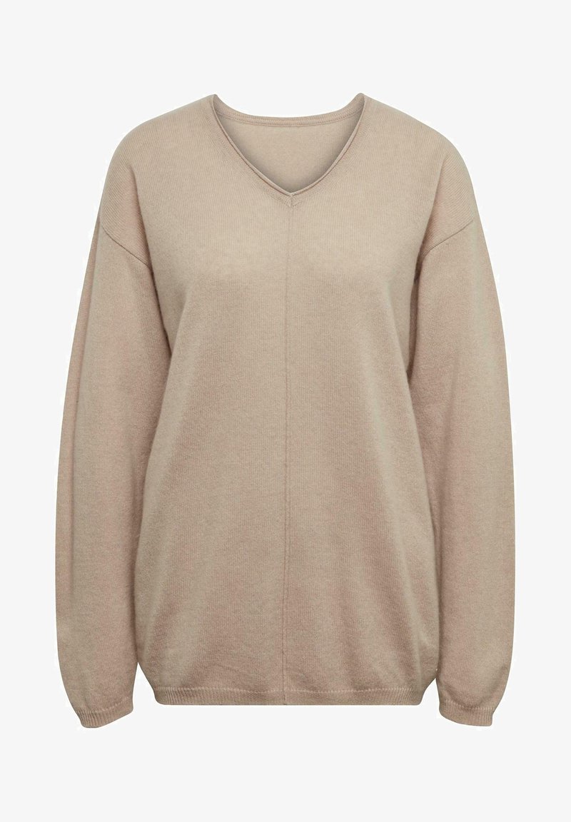 Beige V-Ausschnitt-Pullover aus weichem, strukturiertem Stoff mit herunterhängenden Schultern und gerippten Bündchen, mit einer zentralen Nahtdetails.