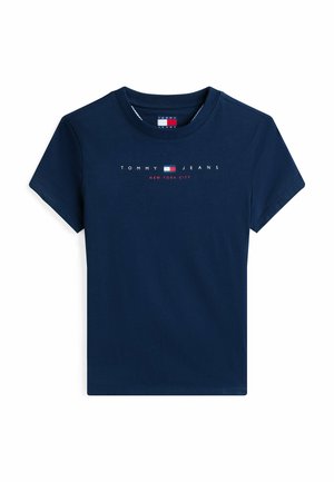 T-shirt di cotone blu navy con maniche corte, collo rotondo e logo "TOMMY JEANS NEW YORK CITY" stampato in bianco e rosso sulla parte anteriore.