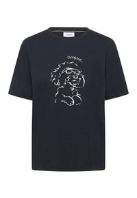 Svart bomullströja med en vit tryckt kontur av en hund som bär glasögon och ordet "bonjour" ovanför designen. Klassisk passform.