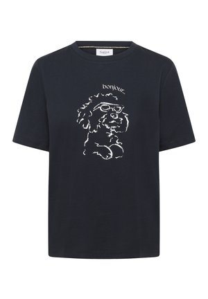 T-shirt in cotone nero con una stampa bianca che rappresenta un cane con gli occhiali e la parola "bonjour" sopra il design. Vestibilità classica.