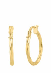 Skrútené zlaté náušnice v tvare kruhu s lešteným povrchom a bezpečným zapínaním. K dispozícii v dvoch veľkostiach: malá a veľká.
