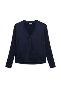 Marinebluse mit V-Ausschnitt, langen Ärmeln, weichem Satin-Finish und lockerer Passform. Einfaches Design ohne sichtbare Muster oder Akzente.
