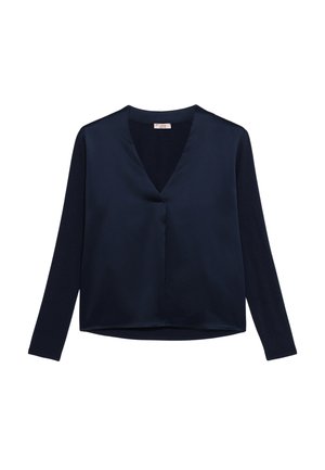 Blouse marine avec un col en V, des manches longues, une finition satinée douce et une coupe ample. Conception simple sans motifs ni accents visibles.