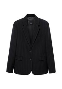 Černý pruhovaný blazer s klopovým límcem, předními knoflíky a dvěma předními kapsami. Vyroben z hladké látky s přiléhavým střihem.