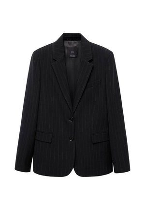 Black pinstriped blazer featuring a notched lapel, front buttons, and two front pockets. Constructed from smooth fabric with a tailored fit.