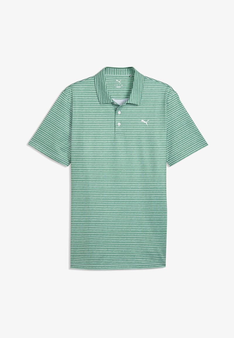 Grün-weiß gestreiftes Polohemd mit kurzen Ärmeln, Kragen, zwei Knöpfen und Puma-Logo auf der linken Brust.