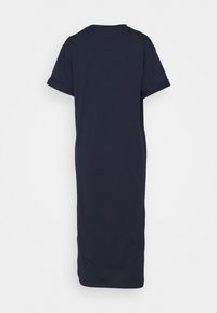 Robe midi bleu marine à manches courtes, col rond et silhouette simple et droite, vue de dos.