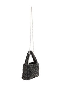 Black woven handbag made of textured material, featuring a structured design, short handles, and a silver chain strap.