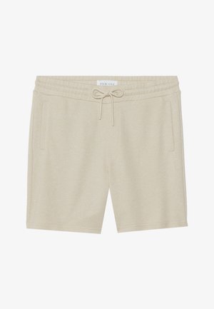 Khaki šortky vyrobené z jemnej tkaniny, s elastickým pásom na šnúrku, dvoma bočnými vreckami a voľným strihom.