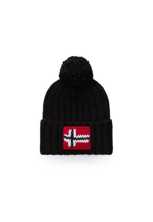 Bonnet d’hiver noir en tricot avec un pompon sur le dessus et un écusson rouge avec une croix blanche et bleue sur le revers.