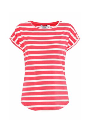 Tricou cu mânecă scurtă, cu dungi roșii și albe, având guler rotund și hem curbat. Fabricat din bumbac moale și ușor.