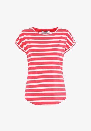 Red and white striped short-sleeve t-shirt with a rounded neckline and curved hem. Made from soft, lightweight cotton fabric.