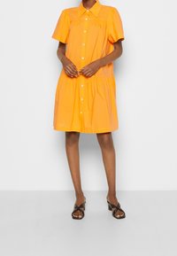 Robe à manches courtes, boutonnée, en coton orange vif. Présente un corsage ajusté et une taille froncée, avec une jupe évasée et fluide.