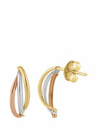 Trojtónové kruhové náušnice obsahujúce žlté zlato, striebro a ružové zlato, s hladkým, lešteným povrchom a zapínaním na zadnú stranu.