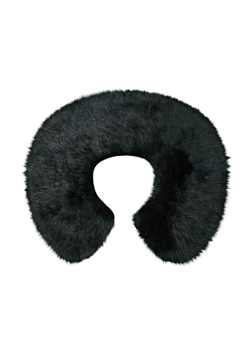 Sort falsk pelskrave med et bredt, afrundet design. Blød tekstur med en glat finish, der har symmetriske, buede ender.