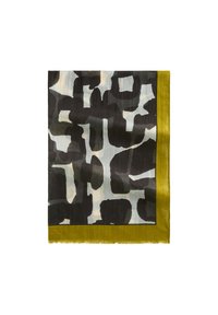 Rechthoekige sjaal met een zwart-grijs abstract patroon op een lichte achtergrond, omrand met een effen olijfgroene rand. Zachte textuur.