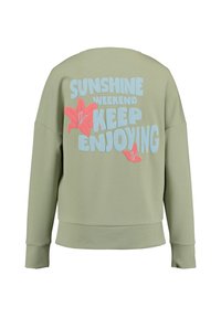 Felpa verde con una vestibilità comoda. Presenta un testo blu chiaro e rosso e grafiche floreali sul retro. Tessuto morbido e liscio con polsini a coste.