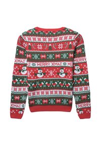 Czerwony i zielony sweter z dzianiny z motywami świątecznymi, w tym bałwankami, drzewkami i płatkami śniegu, z napisem "WESOLYCH ŚWIĄT" w kolorze białym.