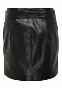 Jupe en cuir noir avec un design ajusté, présentant une texture lisse, une coupe mi-longue et des coutures visibles le long des coutures.